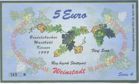 Weinstadt-Endersbach - Württembergischer Philatelistenverein, Sammlergruppe Weinstadt, Treffen Jahnhalle - 10.4.1999 - 5 Euro 