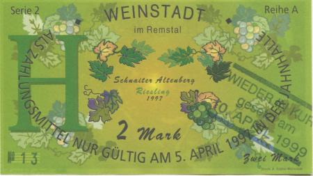 Weinstadt-Endersbach - Württembergischer Philatelistenverein, Sammlergruppe Weinstadt, Treffen Jahnhalle - 10.4.1999 - 2 DM 