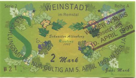Weinstadt-Endersbach - Württembergischer Philatelistenverein, Sammlergruppe Weinstadt, Treffen Jahnhalle - 10.4.1999 - 2 DM 