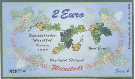 Weinstadt-Endersbach - Württembergischer Philatelistenverein, Sammlergruppe Weinstadt, Treffen Jahnhalle - 10.4.1999 - 2 Euro 