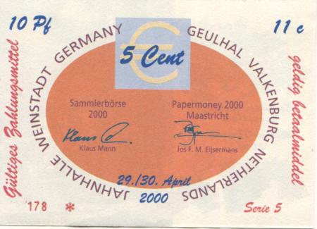 Weinstadt-Endersbach - Württembergischer Philatelistenverein, Sammlergruppe Weinstadt, Treffen Jahnhalle - 29./30.4.2000 - 5 Cent 