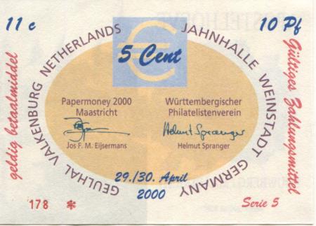 Weinstadt-Endersbach - Württembergischer Philatelistenverein, Sammlergruppe Weinstadt, Treffen Jahnhalle - 29./30.4.2000 - 5 Cent 