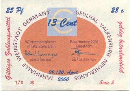 Weinstadt-Endersbach - Württembergischer Philatelistenverein, Sammlergruppe Weinstadt, Treffen Jahnhalle - 29./30.4.2000 - 13 Cent 