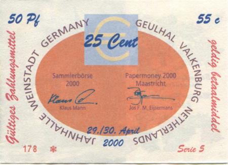 Weinstadt-Endersbach - Württembergischer Philatelistenverein, Sammlergruppe Weinstadt, Treffen Jahnhalle - 29./30.4.2000 - 25 Cent 