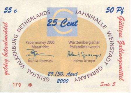 Weinstadt-Endersbach - Württembergischer Philatelistenverein, Sammlergruppe Weinstadt, Treffen Jahnhalle - 29./30.4.2000 - 25 Cent 