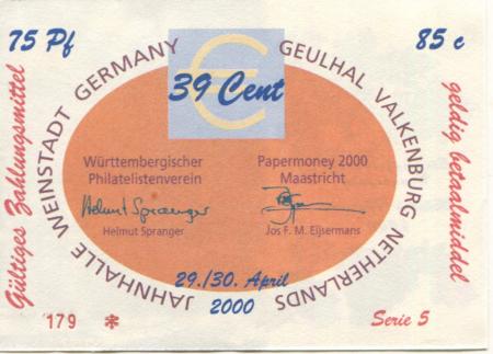 Weinstadt-Endersbach - Württembergischer Philatelistenverein, Sammlergruppe Weinstadt, Treffen Jahnhalle - 29./30.4.2000 - 39 Cent 