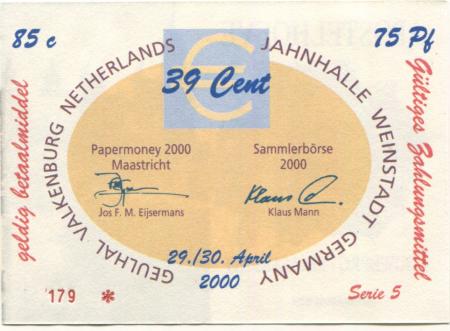 Weinstadt-Endersbach - Württembergischer Philatelistenverein, Sammlergruppe Weinstadt, Treffen Jahnhalle - 29./30.4.2000 - 39 Cent 