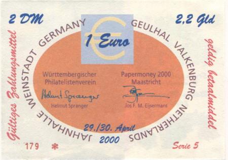 Weinstadt-Endersbach - Württembergischer Philatelistenverein, Sammlergruppe Weinstadt, Treffen Jahnhalle - 29./30.4.2000 - 1 Euro 