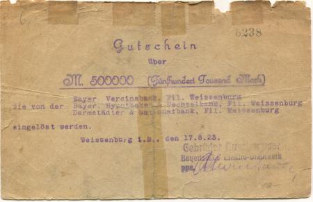 Weißenburg - Auernhammer, Gebrüder, Bayerisches Elektro-Drahtwerk - 17.8.1923 - 500000 Mark 