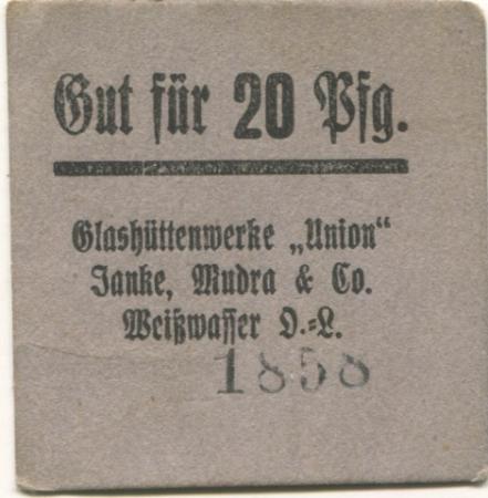 Weißwasser - Janke, Mudra & Co, Glashüttenwerke Union - -- - 20 Pfennig 