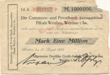 Werdau - Allgemeine Deutsche Credit-Anstalt, Filiale Werdau - 10.8,1923 - 1 Million Mark 