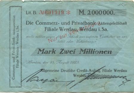Werdau - Allgemeine Deutsche Credit-Anstalt, Filiale Werdau - 10.8,1923 - 2 Millionen Mark 