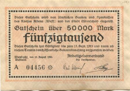 Werdohl - Arbeitgeberverband - 15.8.1923 - 15.9.1923 - 50000 Mark 