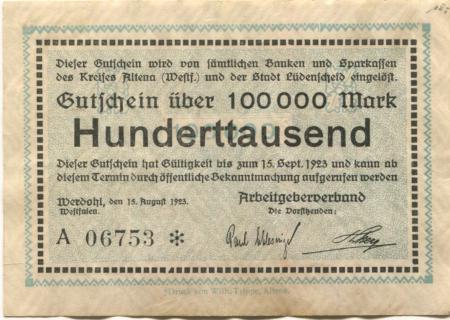 Werdohl - Arbeitgeberverband - 15.8.1923 - 15.9.1923 - 100000 Mark 