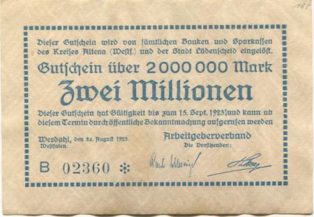 Werdohl - Arbeitgeberverband - 24.8.1923 - 15.9.1923 - 2 Millionen Mark 