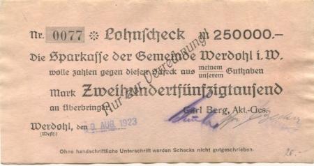 Werdohl - Berg, Carl, AG - 9.8.1923 - 250000 Mark 