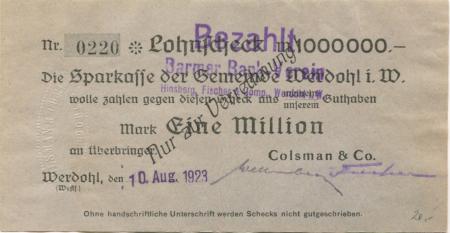 Werdohl - Colsman & Co, Aluminium- und Besteckfabriken - 10.8.1923 - 1 Million Mark 