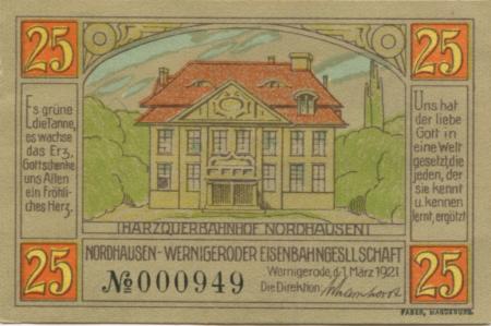 Wernigerode - Nordhausen-Wernigeroder Eisenbahngesellschaft - 1.3.1921 - 25 Pfennig 