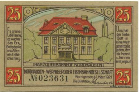 Wernigerode - Nordhausen-Wernigeroder Eisenbahngesellschaft - 1.3.1921 - 25 Pfennig 