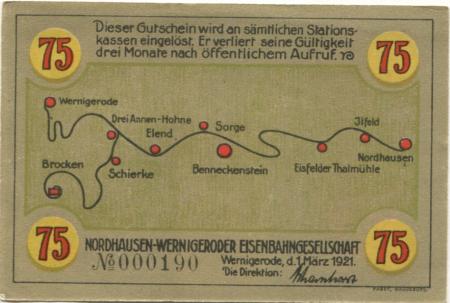 Wernigerode - Nordhausen-Wernigeroder Eisenbahngesellschaft - 1.3.1921 - 75 Pfennig 
