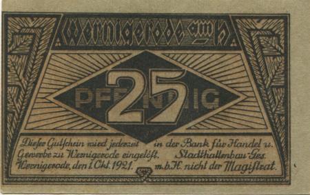 Wernigerode - Stadthallenbau GmbH - 1.10.1921 - 25 Pfennig 