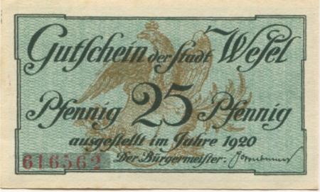 Wesel - Stadt - 1920 - 30.9.1921 - 25 Pfennig 