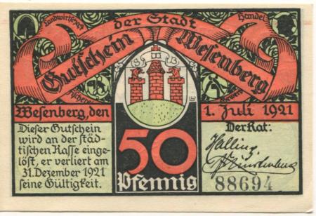 Wesenberg - Stadt - 1.7.1921 - 31.12.1921 - 50 Pfennig 
