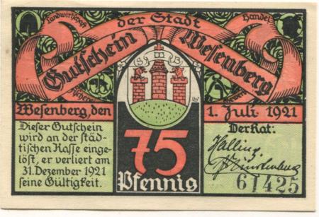 Wesenberg - Stadt - 1.7.1921 - 31.12.1921 - 75 Pfennig 