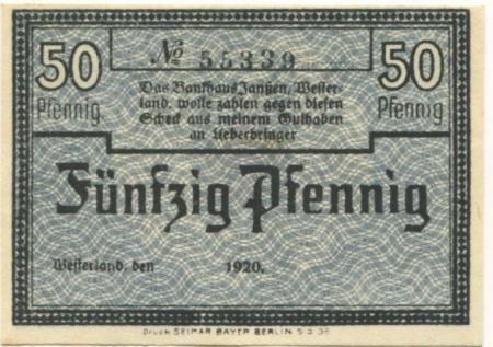 Westerland  (heute: Gemeinde Sylt) - Janssen, Johann, Bankhaus - 1920 - 50 Pfennig 