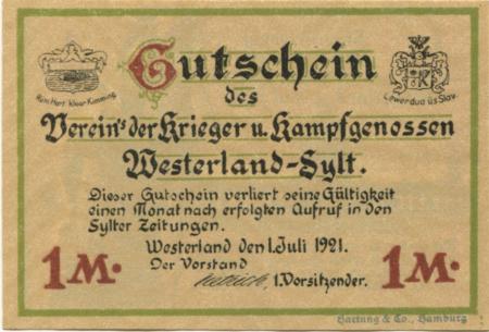 Westerland (heute: Gemeinde Sylt) - Verein der Krieger und Kampfgenossen - 1.7.1921 - 1 Mark 