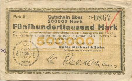 Wetter - Harkort, Peter, & Sohn, (Schöntaler Stahl- und Eisenwerke) GmbH - 15.8.1923 - 31.10.1923 - 500000 Mark 