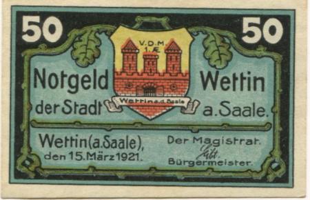 Wettin - Stadt - 15.3.1921 - 50 Pfennig 