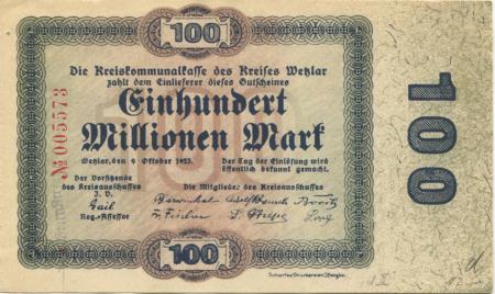 Wetzlar - Kreis - 9.10.1923 - 100 Millionen Mark 