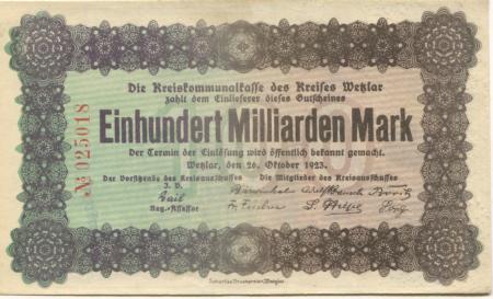Wetzlar - Kreis - 26.10.1923 - 100 Milliarden Mark 