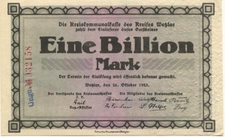 Wetzlar - Kreis - 26.10.1923 - 1 Billion Mark 