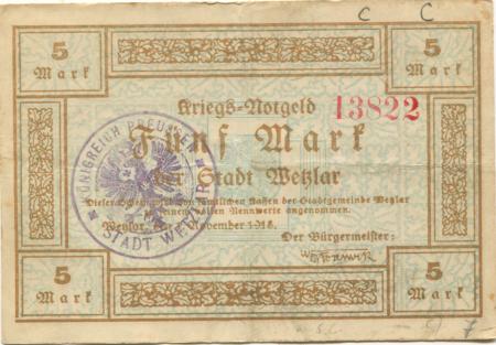 Wetzlar - Stadt - 1.11.1918 - 1.2.1919 - 5 Mark 