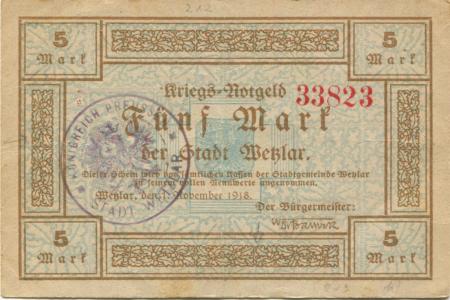 Wetzlar - Stadt - 1.11.1918 - 1.2.1919 - 5 Mark 