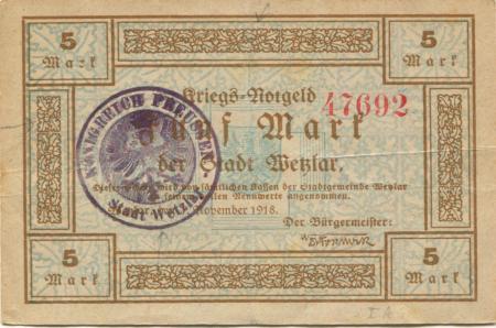 Wetzlar - Stadt - 1.11.1918 - 1.2.1919 - 5 Mark 