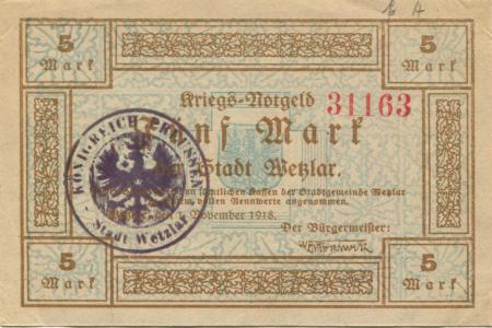 Wetzlar - Stadt - 1.11.1918 - 1.2.1919 - 5 Mark 