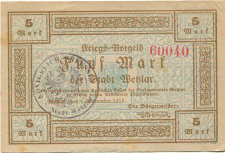 Wetzlar - Stadt - 1.11.1918 - 1.2.1919 - 5 Mark 