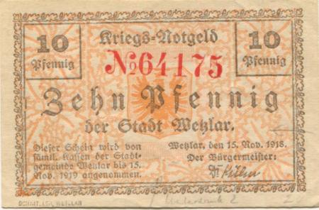 Wetzlar - Stadt - 15.11.1918 - 15.11.1919 - 10 Pfennig 