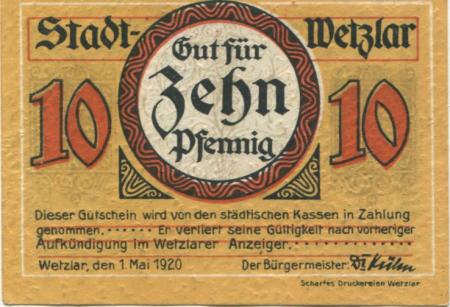 Wetzlar - Stadt - 1.5.1920 - 10 Pfennig 