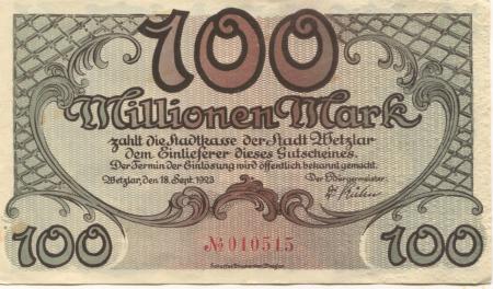 Wetzlar - Stadt - 18.9.1923 - 100 Millionen Mark 