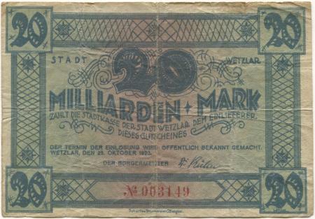Wetzlar - Stadt - 25.10.1923 - 20 Milliarden Mark 