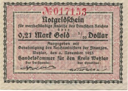 Wetzlar - Handelskammer des Kreises - 6.11.1923 - 0.21 Gold-Mark 