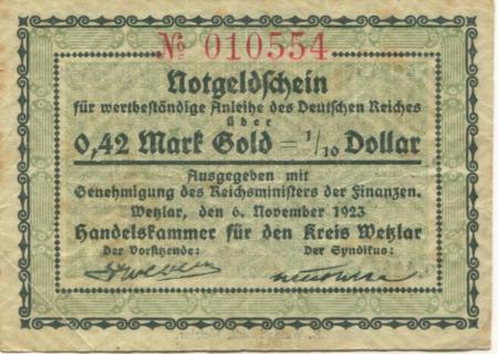 Wetzlar - Handelskammer des Kreises - 6.11.1923 - 0.42 Gold-Mark 