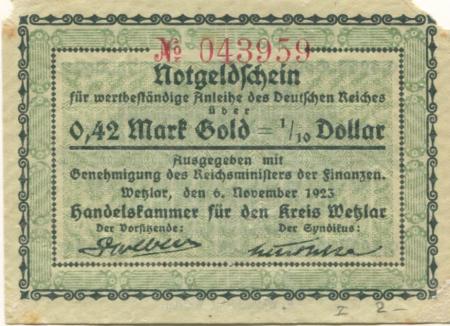 Wetzlar - Handelskammer des Kreises - 6.11.1923 - 0.42 Gold-Mark 
