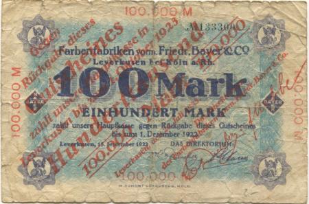 Wiesdorf (heute: Leverkusen) - Farbenfabriken, vormals Friedrich Bayer & Co - 26.7.1923 - 100000 Mark 