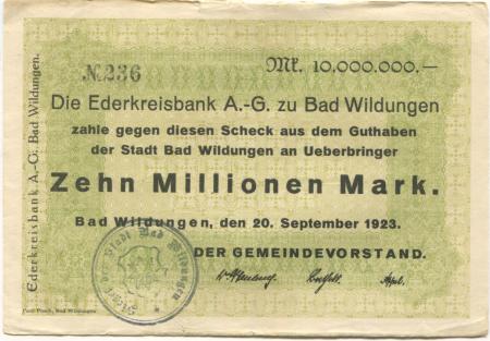 Wildungen (Bad) - Stadt - 20.9.1923  10 Millionen Mark 