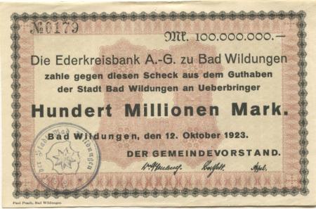 Wildungen (Bad) - Stadt - 12.10.1923  - 100 Millionen Mark 